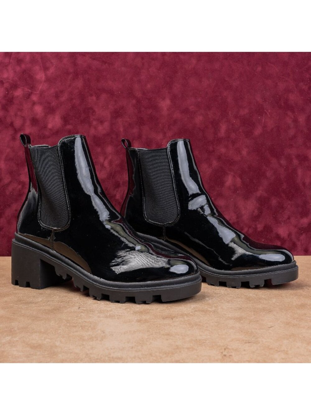 JF Women Black Faux Gloss Leather Fashion Slip-on Chelsea Ankle Boots sz 11